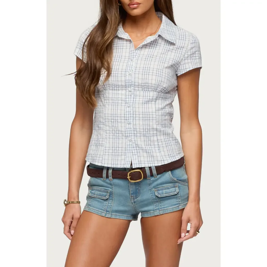Naiah Plaid Short Sleeve Tailored Button-Up Shirt by EDIKTED
