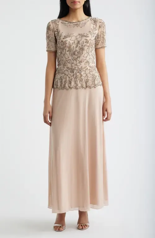 Short Sleeve Beaded Chiffon Gown by Pisarro Nights