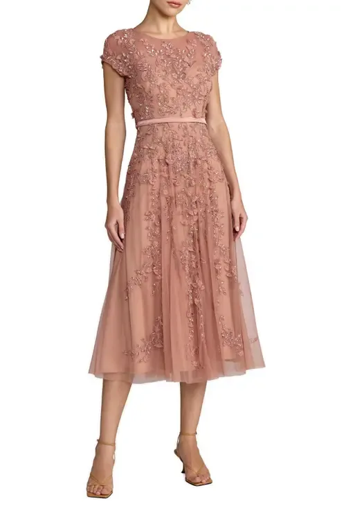 Floral Embellished Cap Sleeve Midi Dress by Mac Duggal