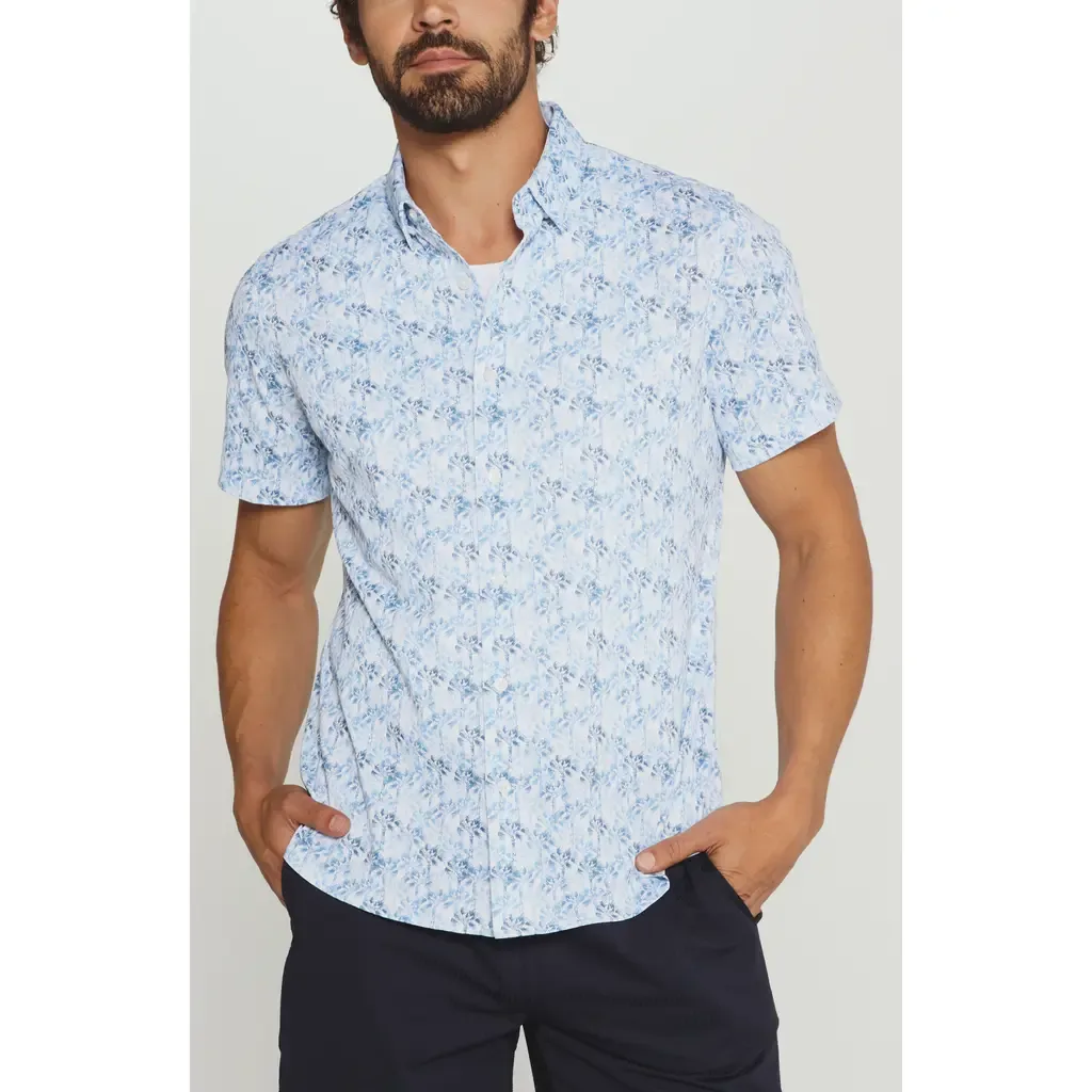 Palmline Tree Print Short Sleeve Stretch Button-Up Shirt by 7 Diamonds