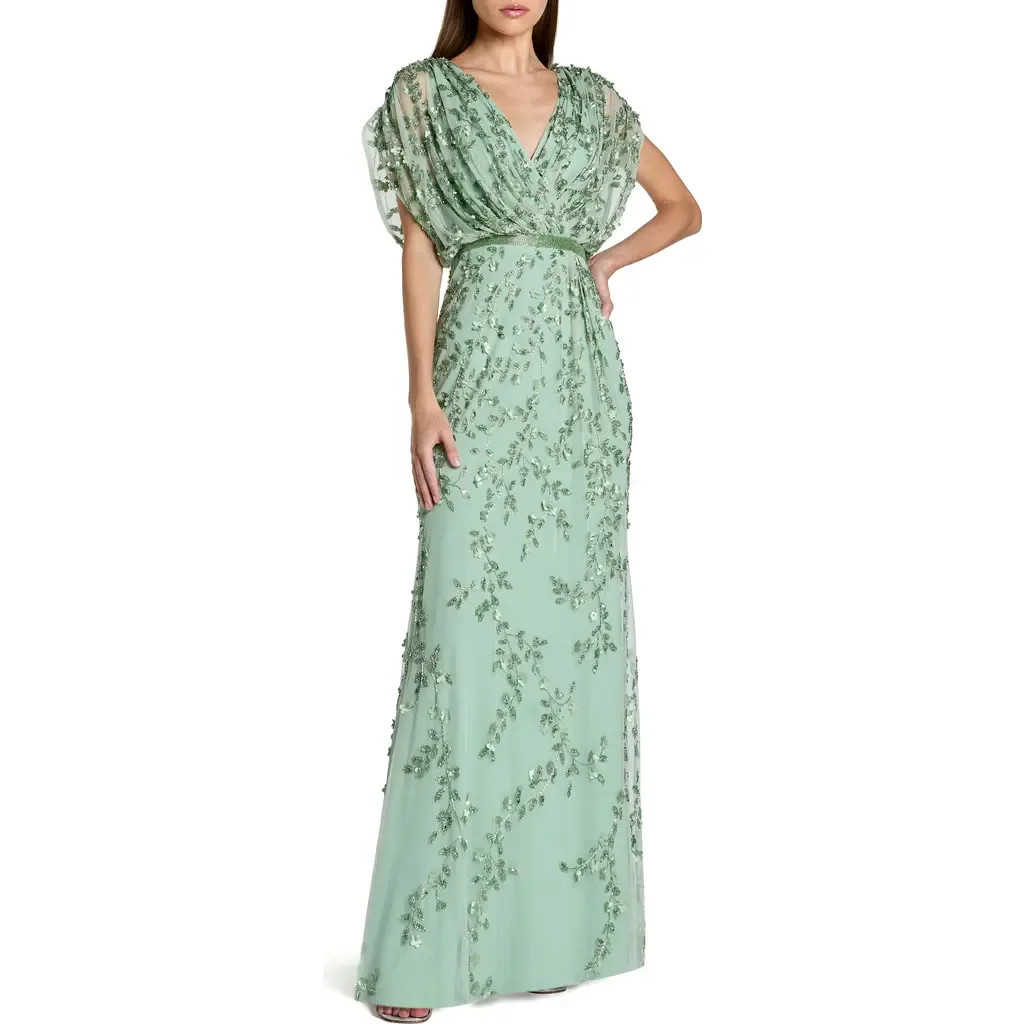 Beaded V-Neck Short Sleeve Blouson Gown by Mac Duggal