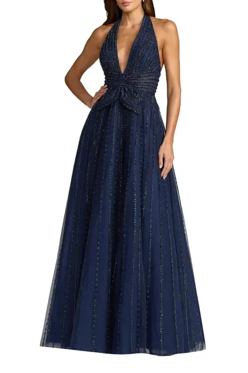 Beaded Halter Neck Open Back Gown by Mac Duggal
