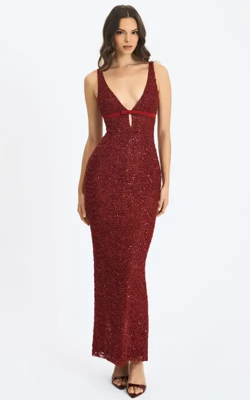Elora Sequin Beaded Keyhole Maxi Dress by Miss Circle
