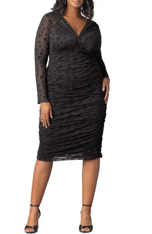 Betsey Ruched Elbow Sleeve Midi Bodycon Dress in Onyx Flocked Florals by Kiyonna