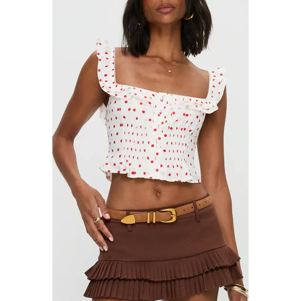 Isadoria Polka Dot Ruffle Trim Crop Tank by Princess Polly
