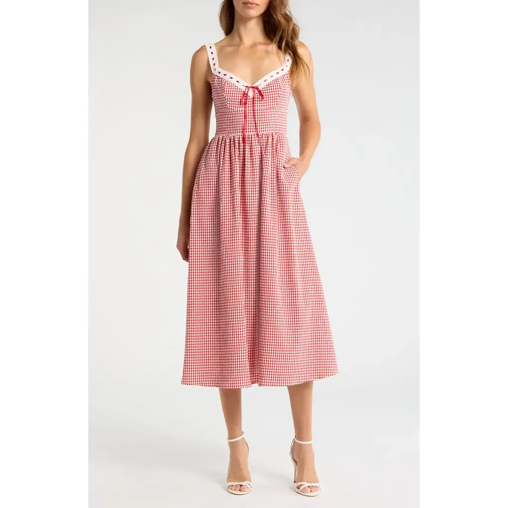 Lilibet Gingham Lace Trim Midi Dress