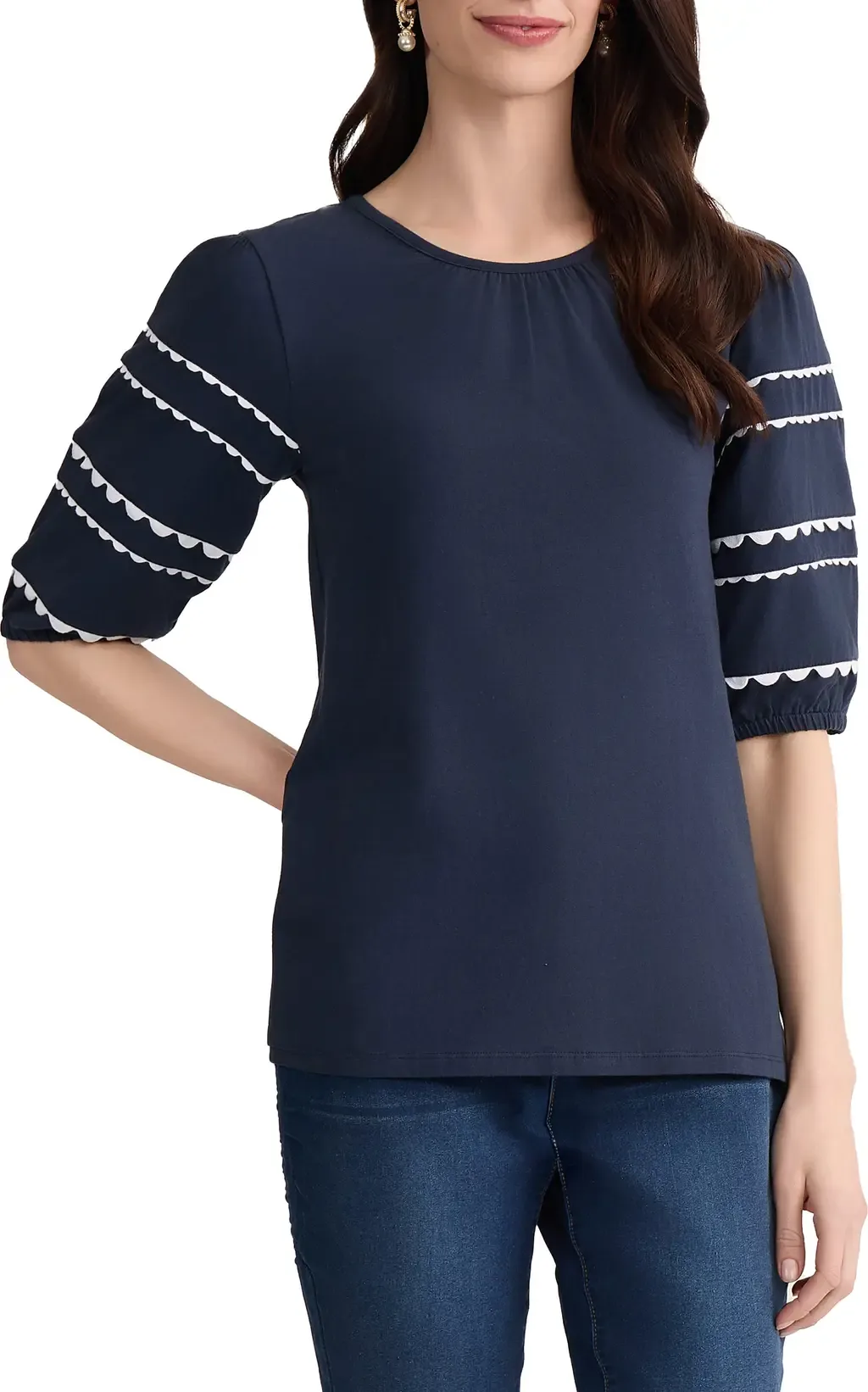 Rickrack Puff Sleeve Stretch Cotton Top