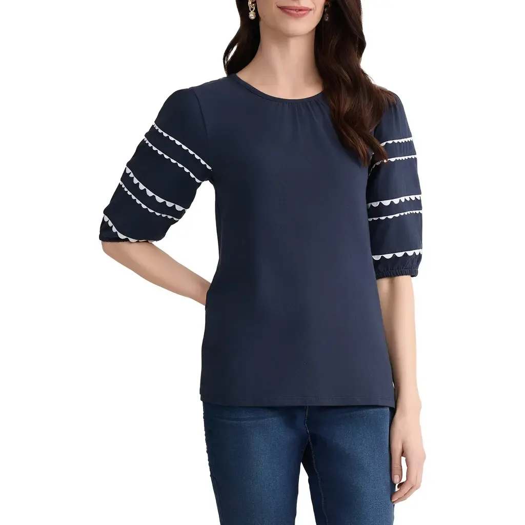 Rickrack Puff Sleeve Stretch Cotton Top by Jones New York