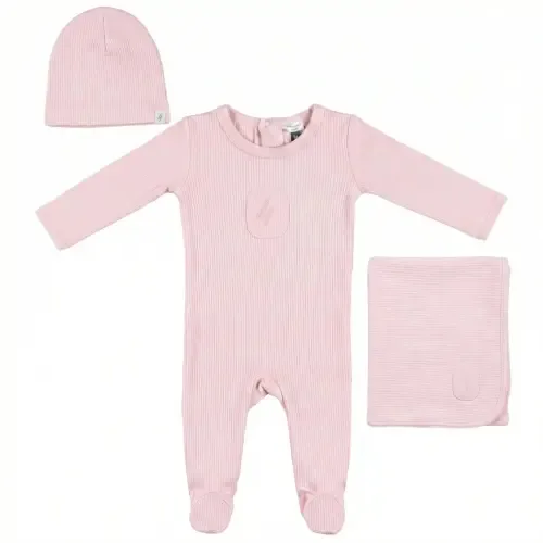 Soft Modal Rib Scalloped Binding Embossed Romper, Hat and Blanket Set by Little Fragile