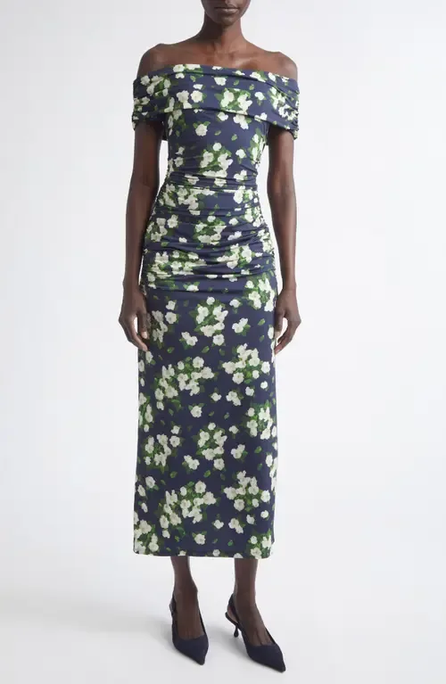 Floral Print Ruched Off the Shoulder Jersey Dress by Carolina Herrera