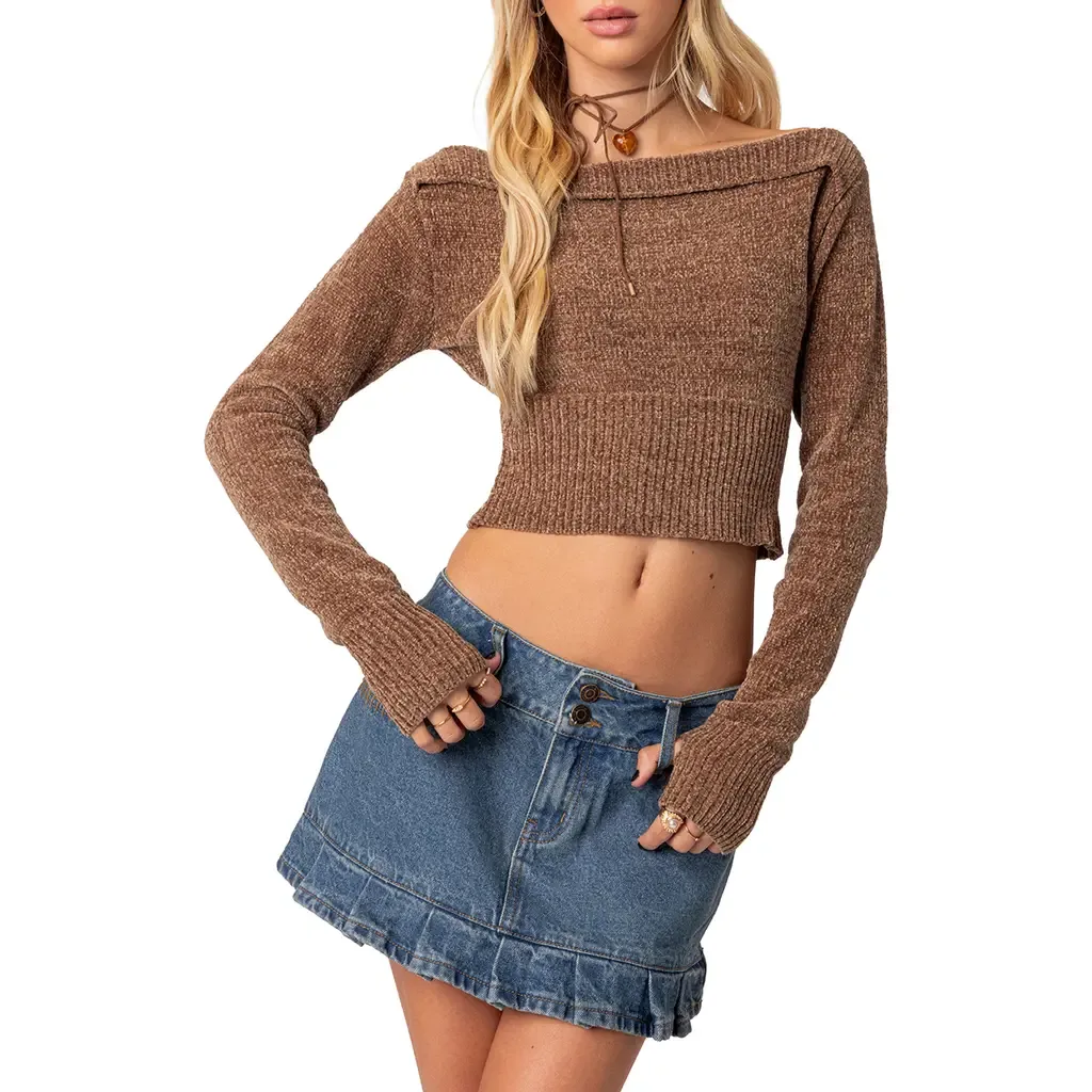 Farrah Off the Shoulder Crop Sweater by EDIKTED
