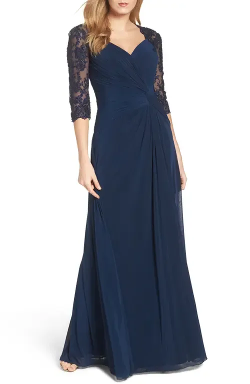 Jersey Gown with Knot Detail and Lace Sleeves by La Femme