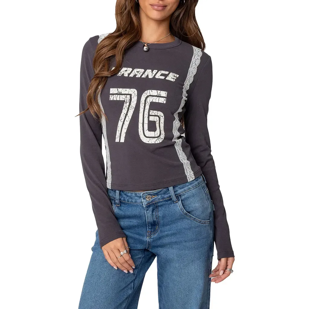 Frenchy Long Sleeve Cotton Graphic T-Shirt by EDIKTED