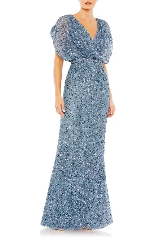 Draped Sleeve Sequin V-Neck Gown by Mac Duggal