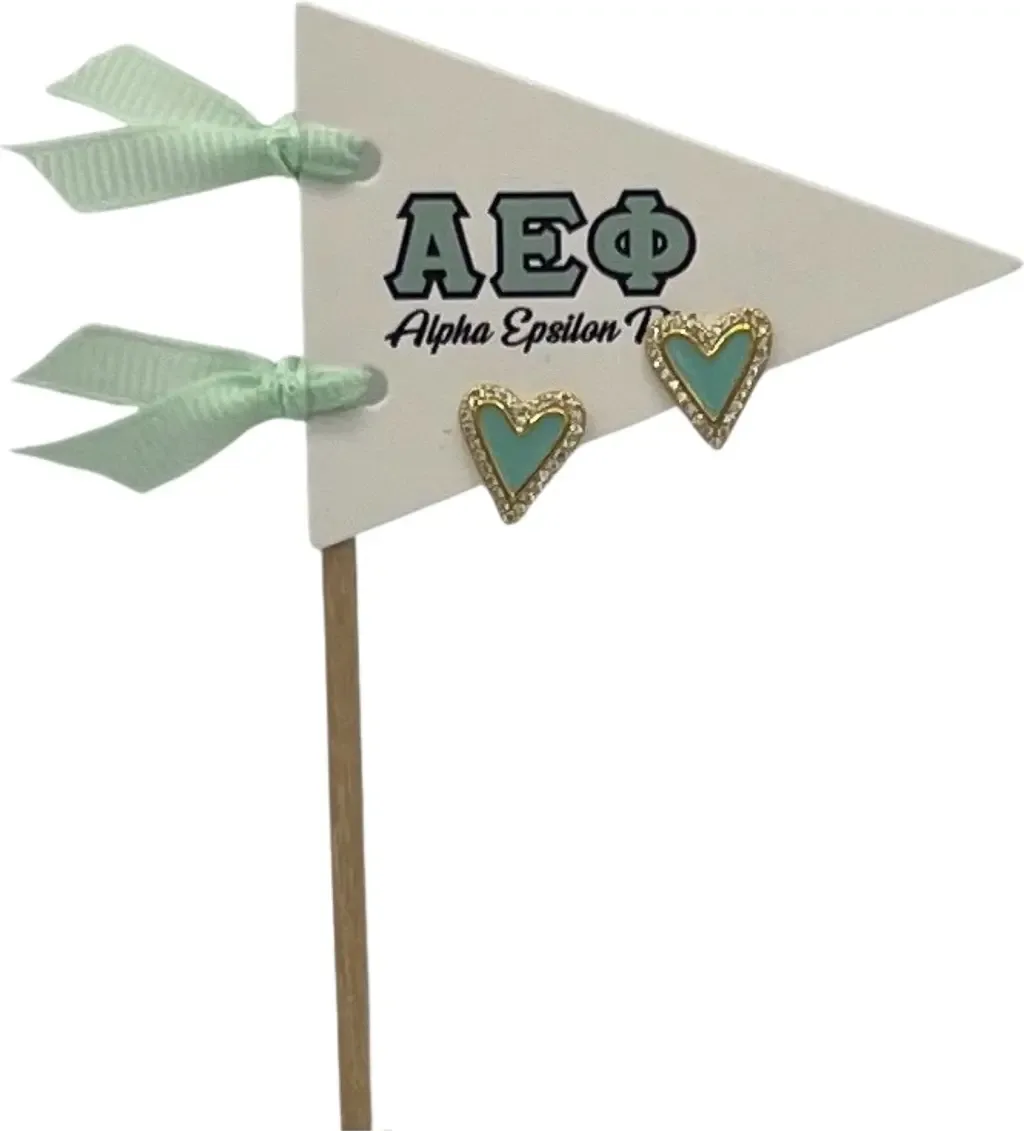 Alpha Epsilon Phi Heart Stud Enamel Earrings on Sorority Pennant Flag by Color Shout