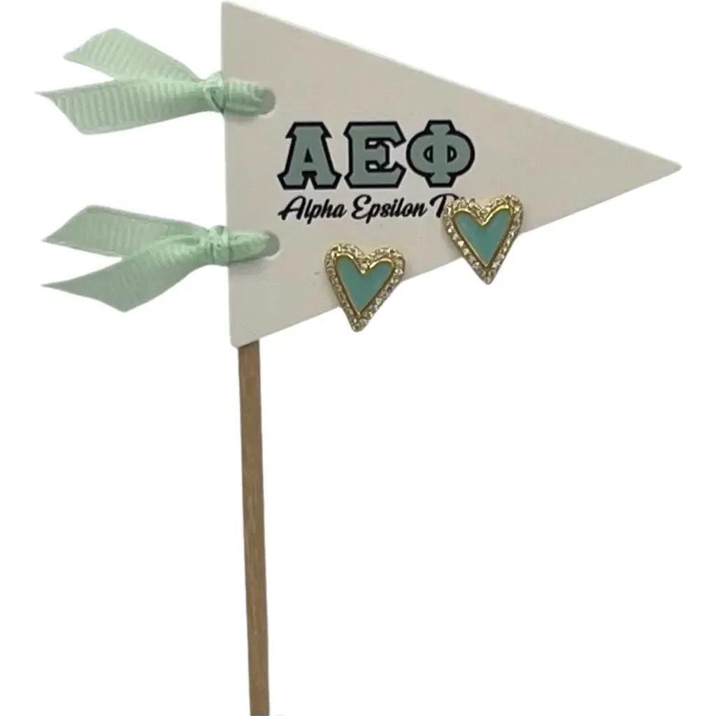 Alpha Epsilon Phi Heart Stud Enamel Earrings on Sorority Pennant Flag by Color Shout