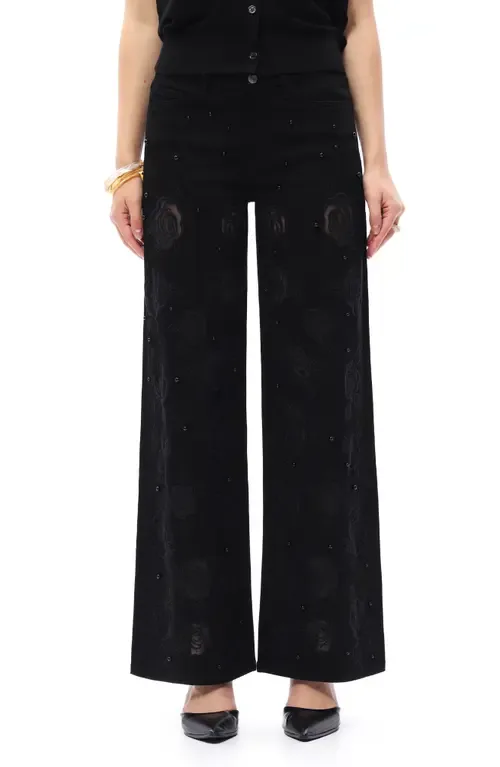 Floral Studded Mid Rise Wide Leg Jeans