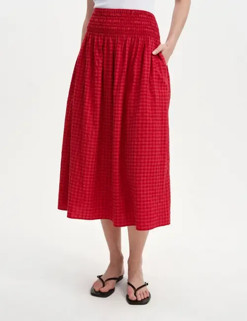 Vanessa Gingham Seersucker Midi Skirt by Finery London