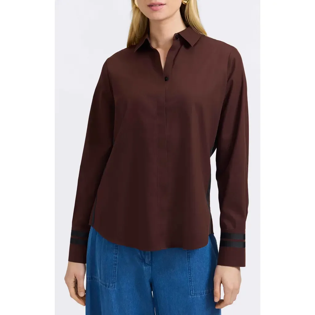 Brooke Grosgrain Trim Cotton Button-Up Shirt by Foxcroft