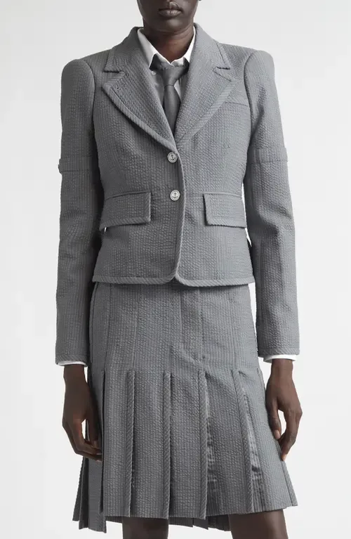 Crop Sculpted Shoulder Wool Seersucker Jacket by Thom Browne