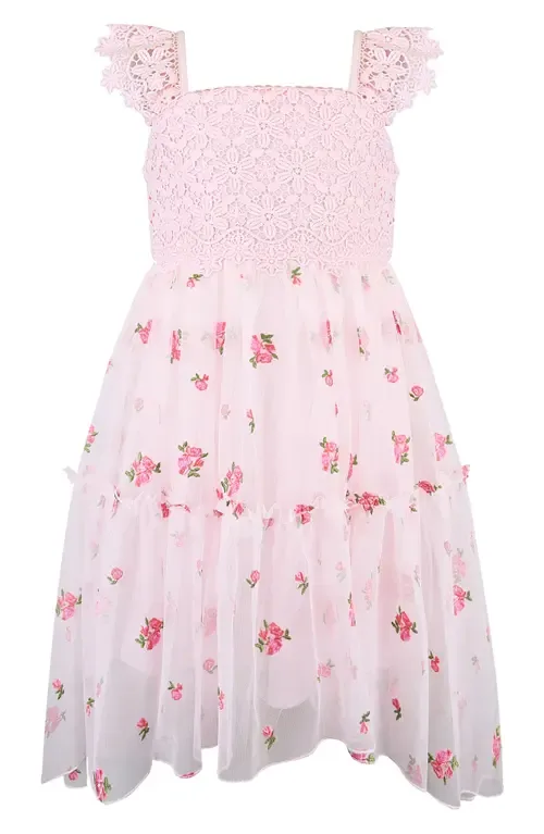 Crochet Bodice Embroidered Mesh Hi-Low Dress by Zunie