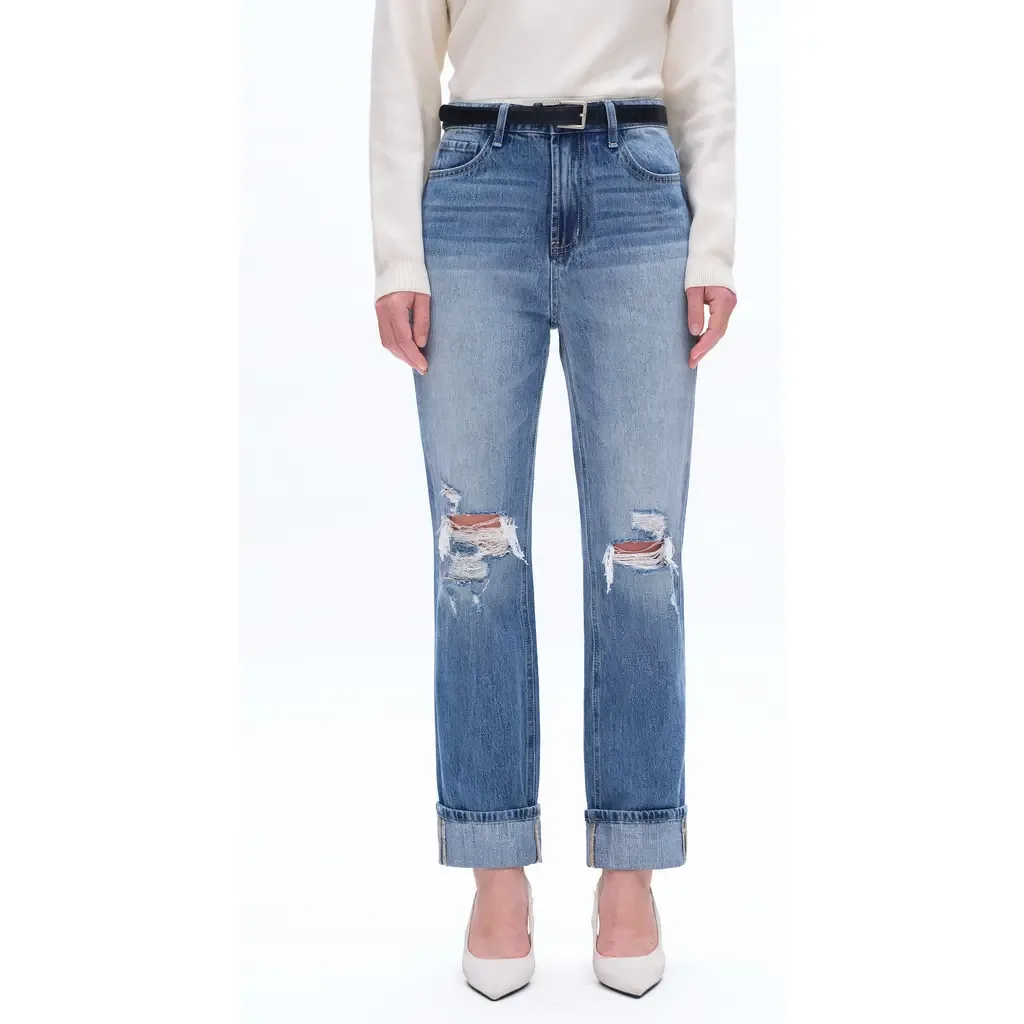 High Waist Straight Leg Ripped Jeans by Bayeas