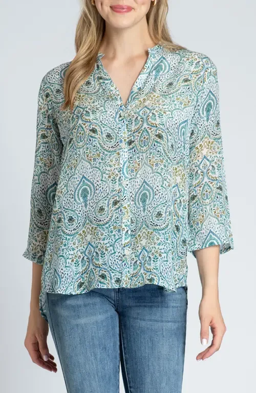 Print Mandarin Collar Chiffon Button-Up Top by APNY