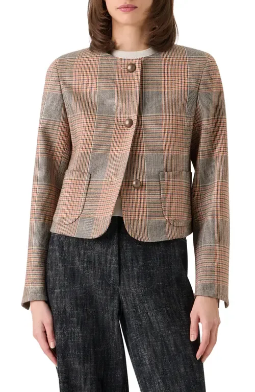 Glen Plaid Collarless Stretch Wool Jacket