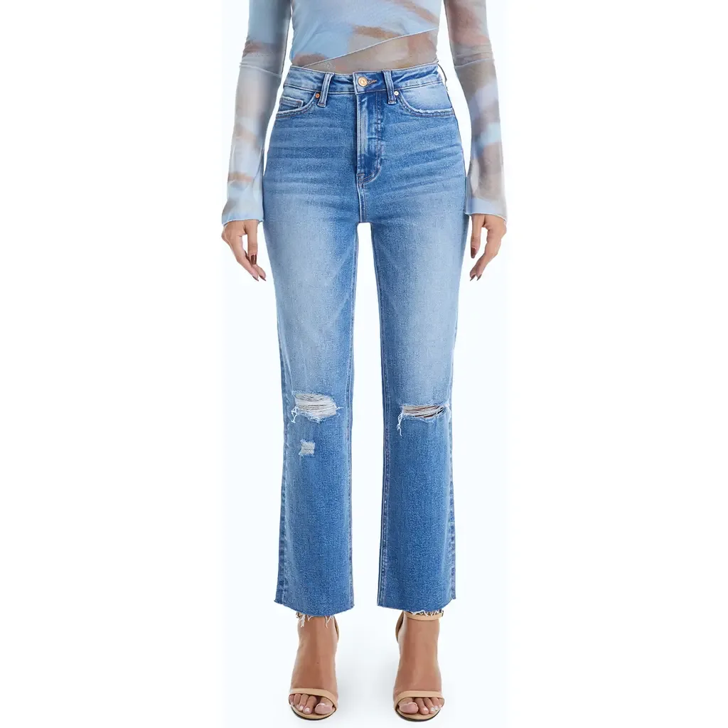 High Waist Raw Hem Ripped Straight Leg Jeans by Bayeas