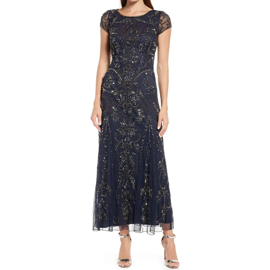 Beaded Mesh Midi Cocktail Dress by Pisarro Nights