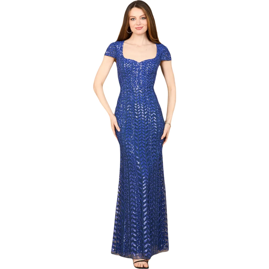 Beaded Gown with Cap Sleeves by LARA New York