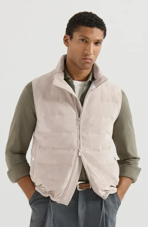 Suede Down Vest with Packable Hood by Brunello Cucinelli