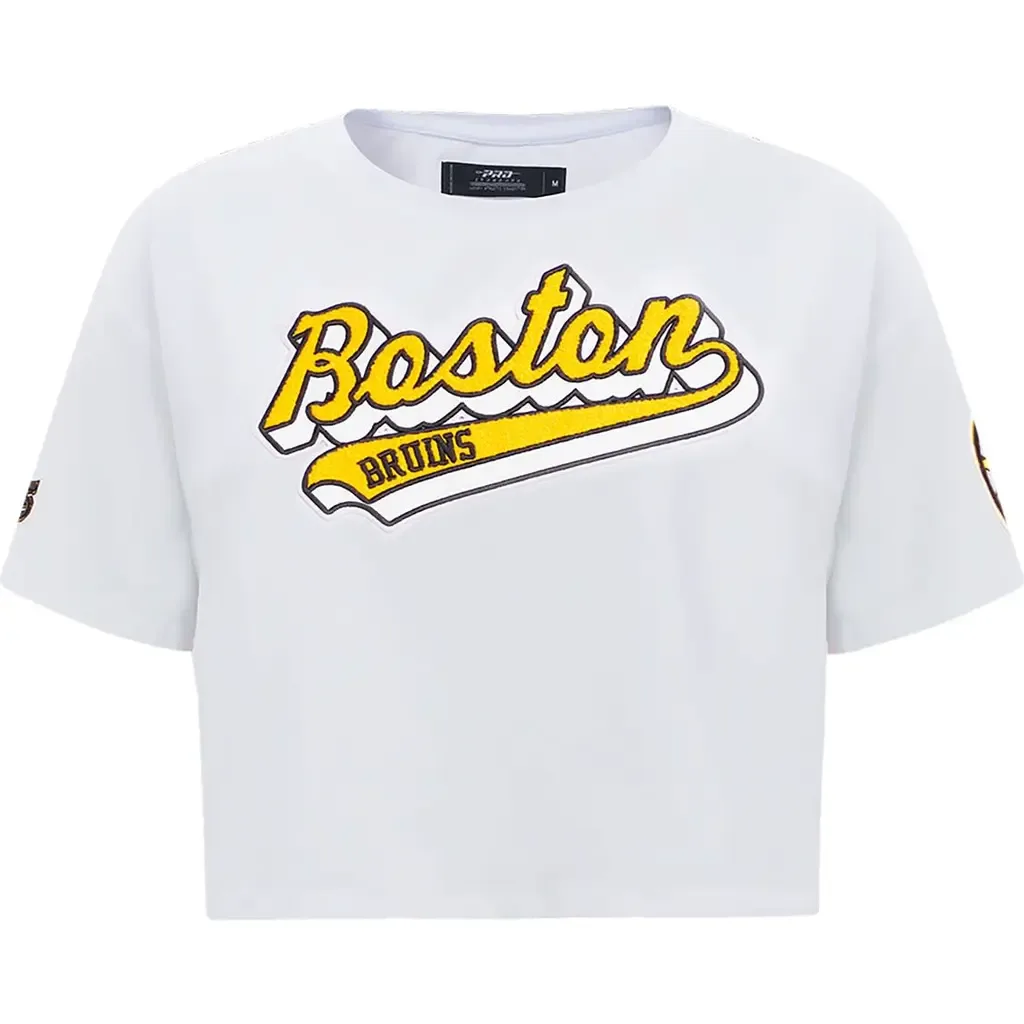 Pro Standard White Boston Bruins Boxy Script Tail Cropped T-Shirt by PRO STANDARD
