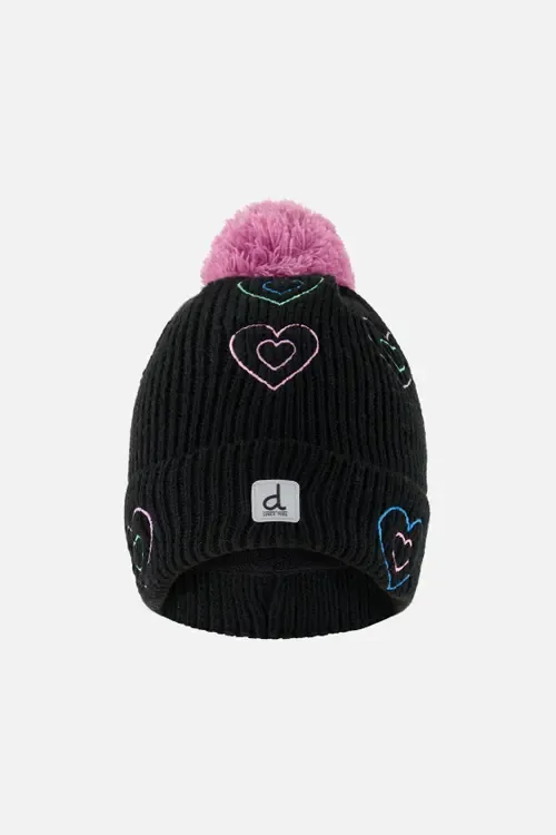 Winter Embroidered Heart Fleece-Lined Pompom Knit Hat by Deux par Deux