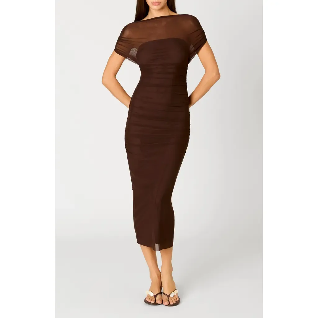 Aria Ruched Off the Shoulder Mesh Midi Dress by Nia