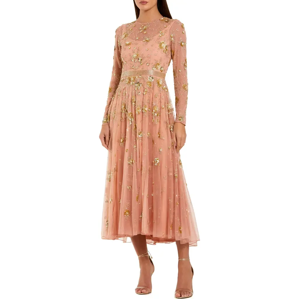 Beige Beaded Long Sleeve a Line Midi Dress by Mac Duggal