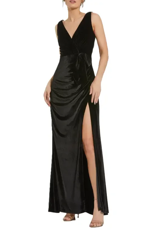 Deep V High Slit Draped Velvet Fitted Gown by Mac Duggal