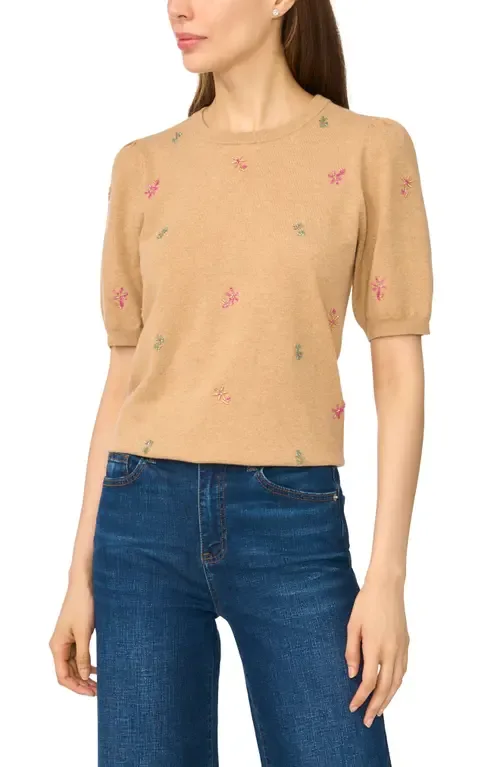 Beaded Short Sleeve Crewneck Sweater by CeCe