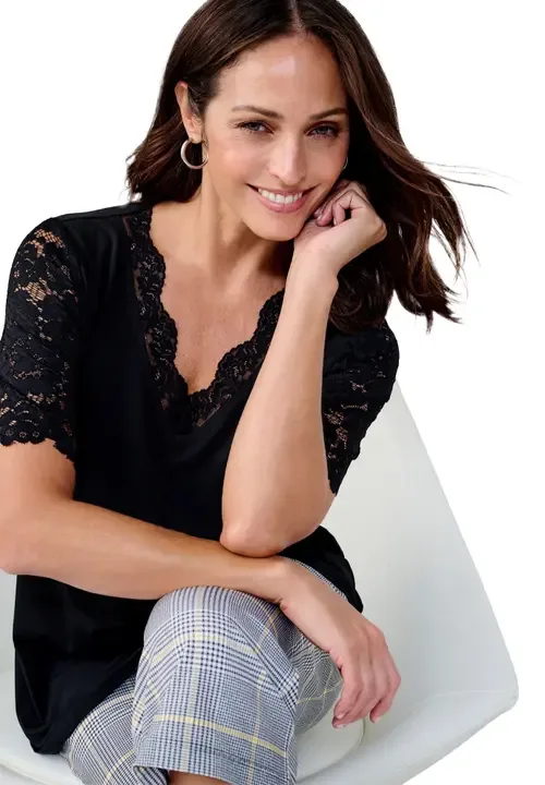 Lace Trim V-Neck Top by Jessica London