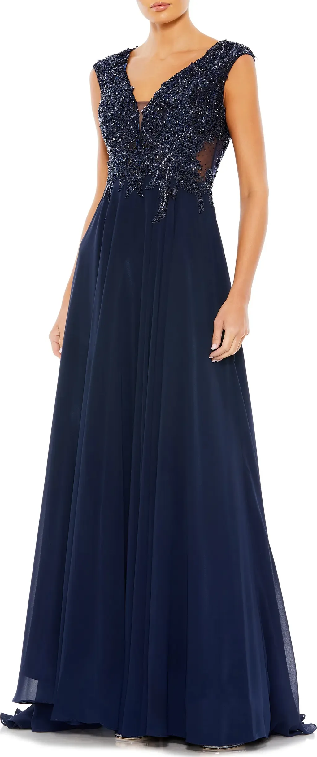 Applique and Jeweled Encrusted Cap Sleeve Chiffon Gown