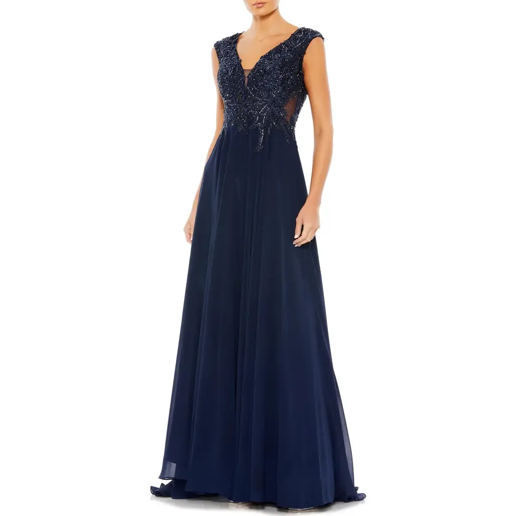 Applique and Jeweled Encrusted Cap Sleeve Chiffon Gown