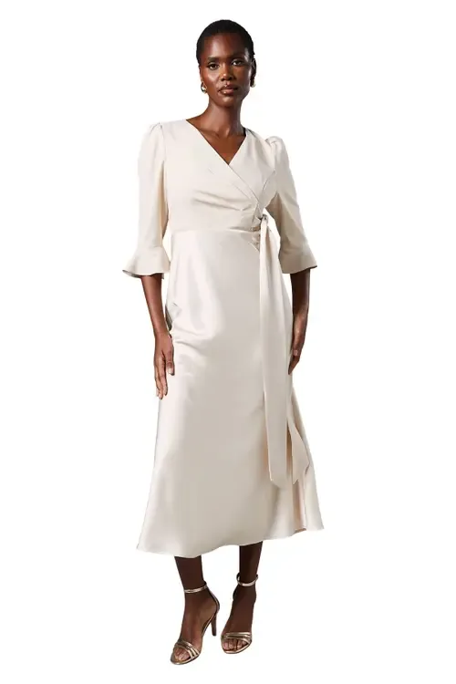 Ruffle Sleeve Satin Wrap Dress