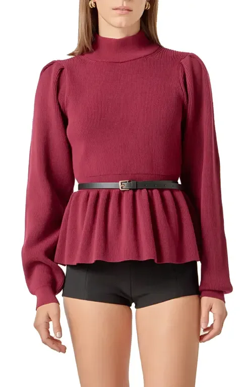 Mock Neck Peplum Rib Sweater by English Factory