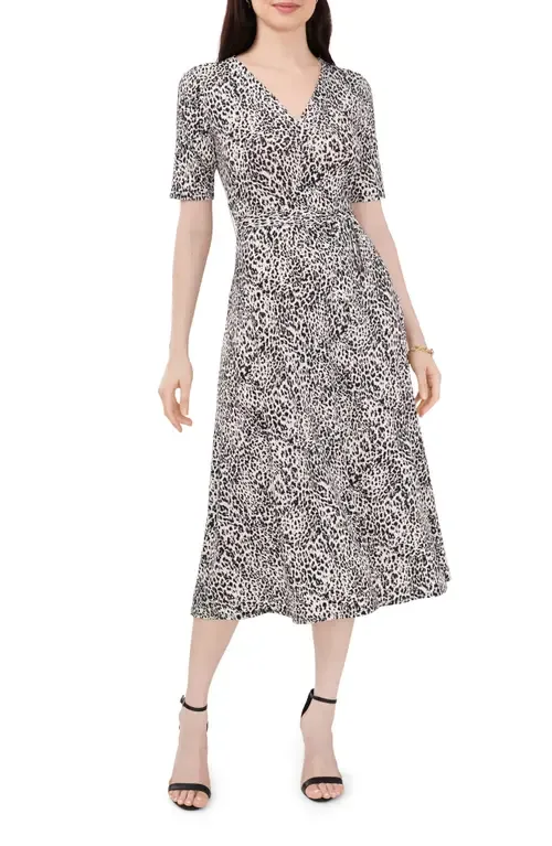 Animal Print Belted Faux-Wrap Midi Dress