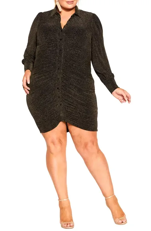 Estrella Ruched Metallic Long Sleeve Shirtdress by City Chic