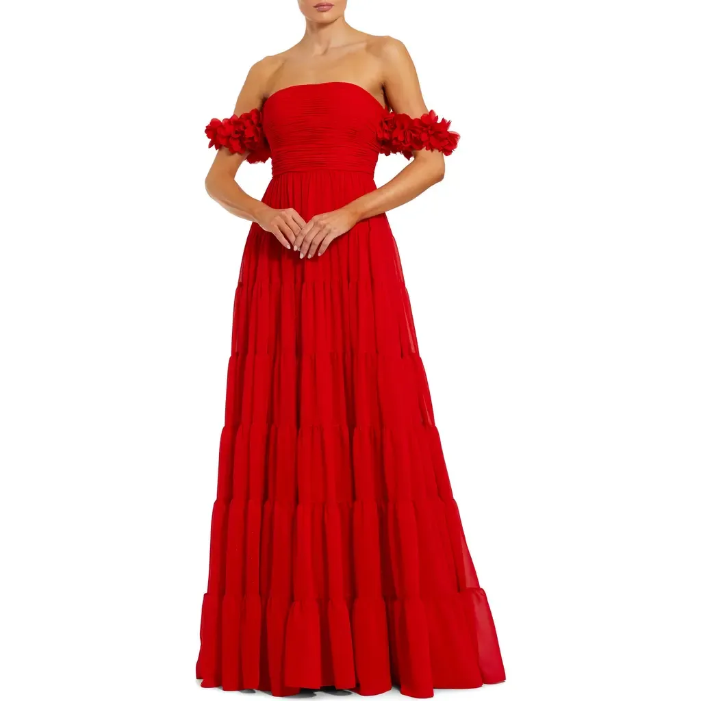 Chiffon Off the Shoulder Floral Gown by Mac Duggal