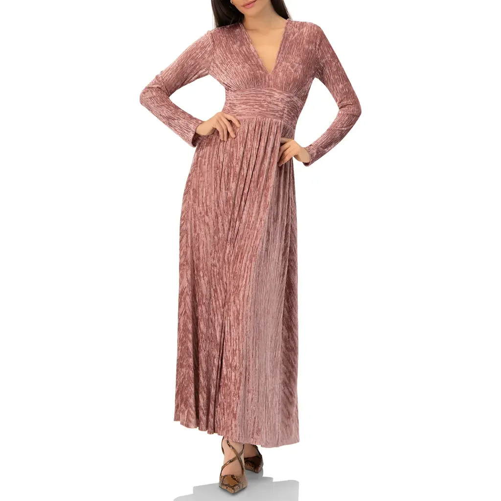 Long Velvet Pleated V-Neck Dress by IVONNE