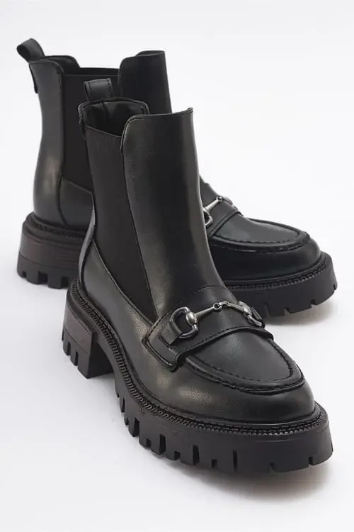 Vesper Buckled Chelsea Boot in Black Faux Leather by Prologue Shoes