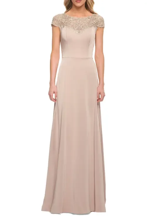 Jersey Gown with Full Skirt and Lace Detail Top by La Femme