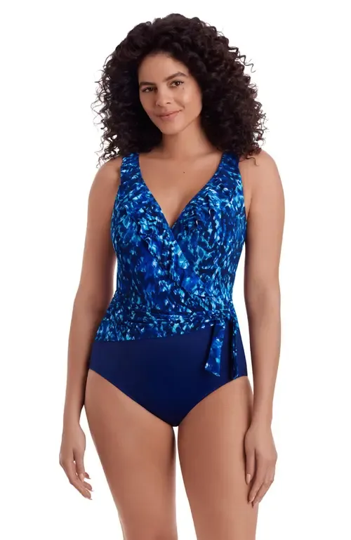 Ruffle Front Sash Surplice Long Torso One-Piece Swimsuit by Longitude
